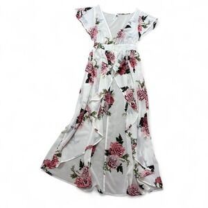 White floral coquette maxi hi-low blouse elastic waist short sleeve button